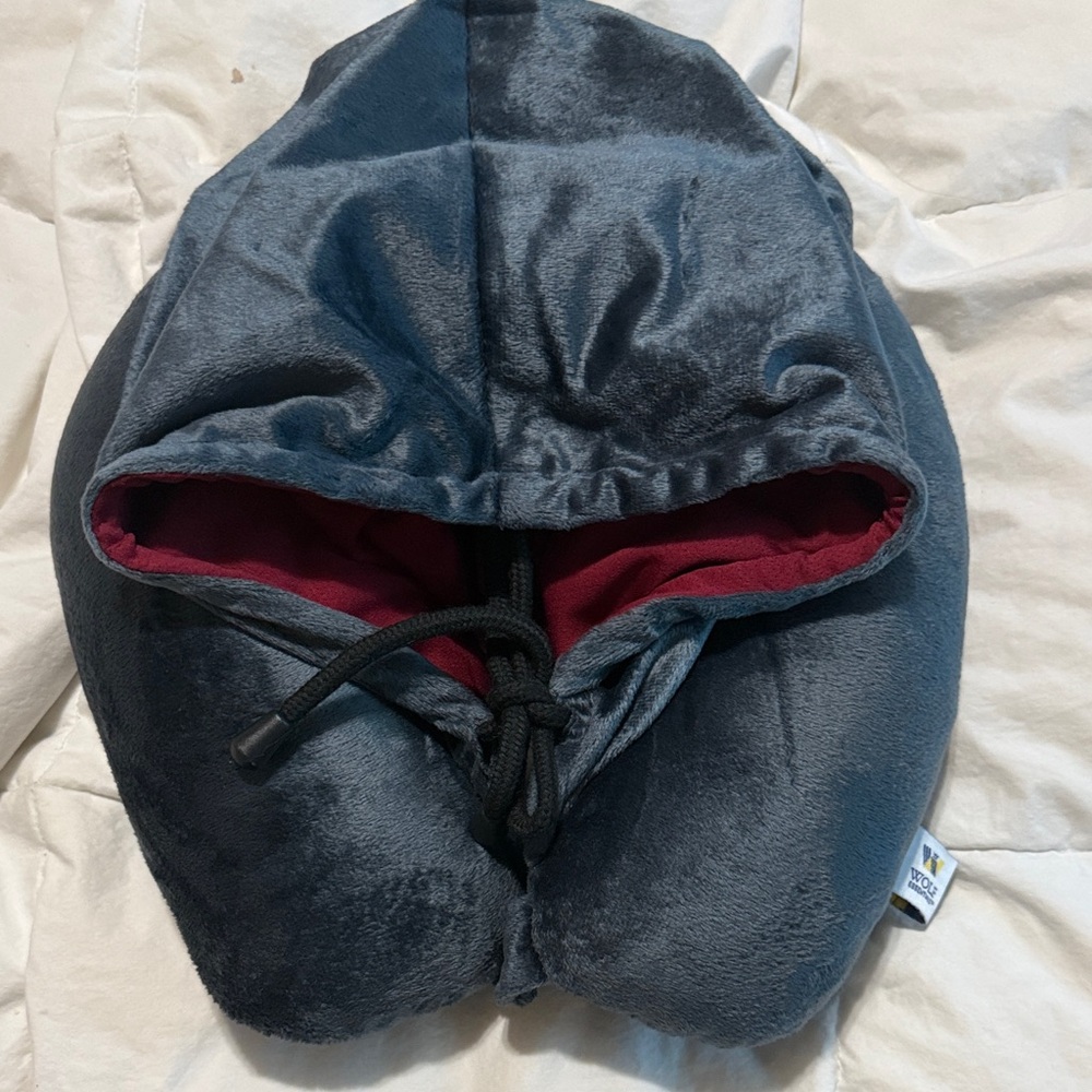 Cozy Blue and Red Hooded Travel Pillow
